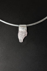 Light Pink Kunzite Stack Pendant shown on black background with hand-textured sterling silver cap and raw crystal body.