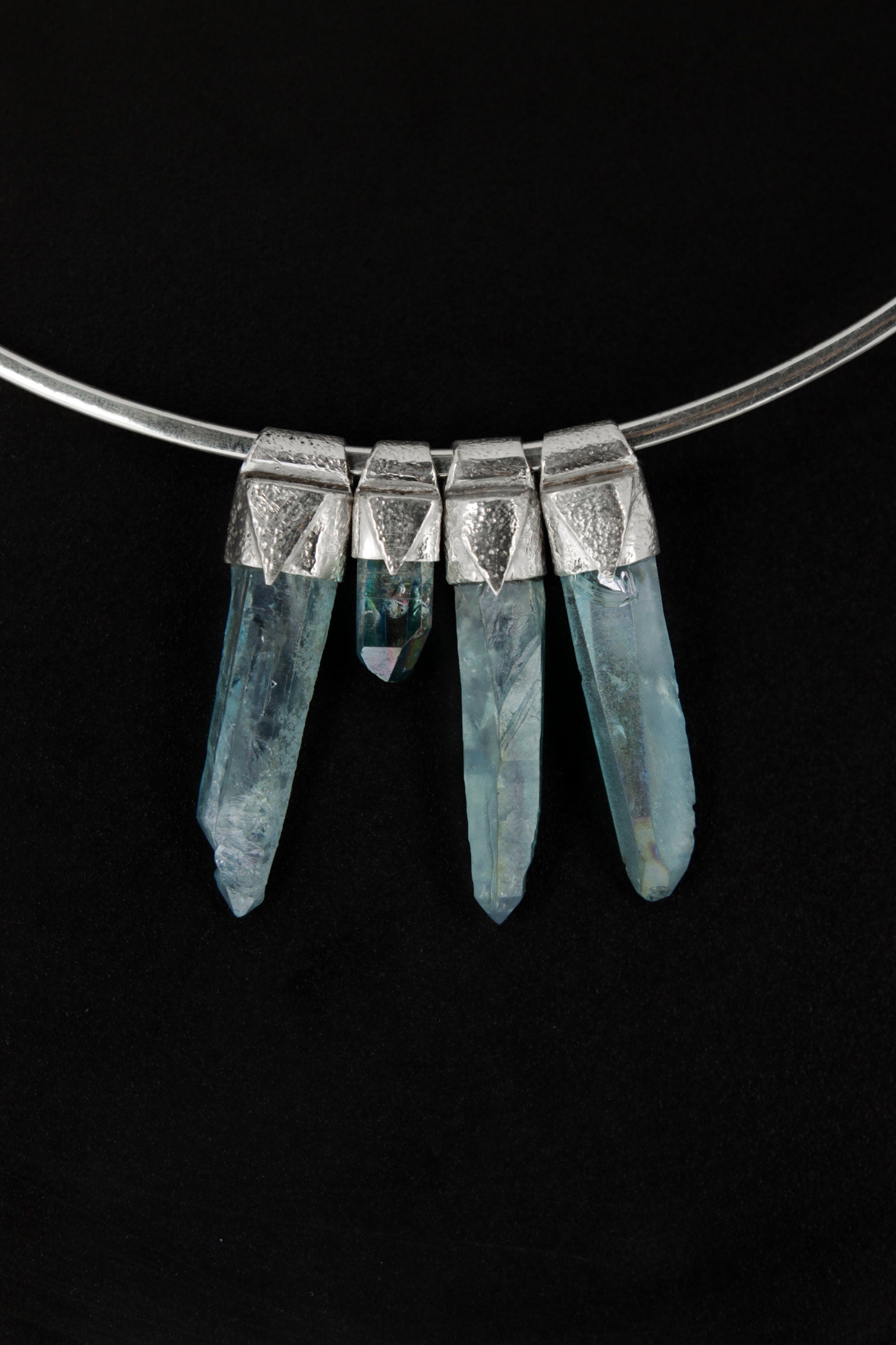Aqua Aura Quartz Stack Pendant 925 Silver Lemurian Laser Crystal Necklace Throat Third Eye Chakra Gift