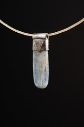 Australian Ocean Kyanite Stack Pendant shown worn on the choker with sterling silver cap and polished blue-green crystal.