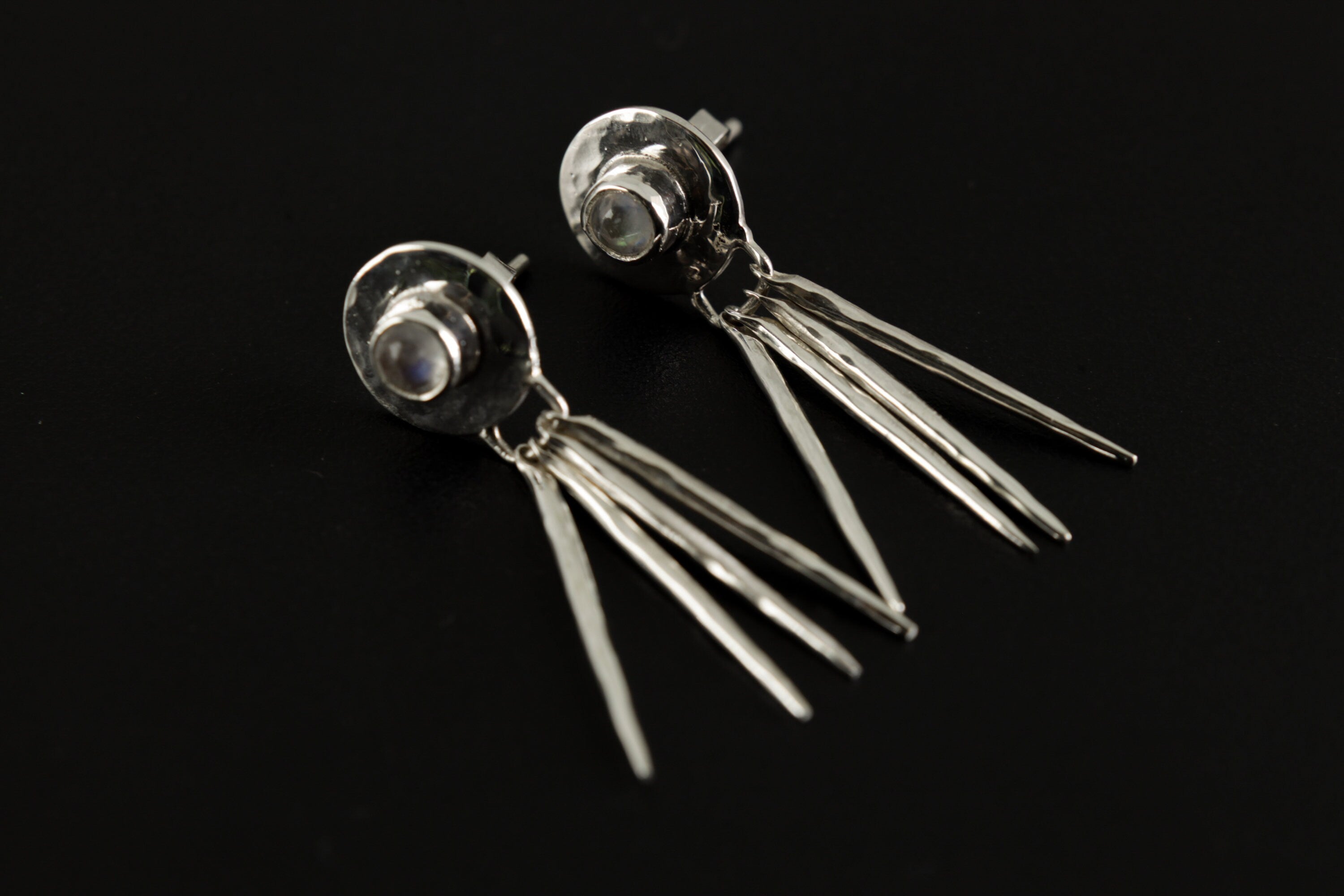 Blue Moonstone Sterling Silver Drop Earrings: Hammered Ray Design