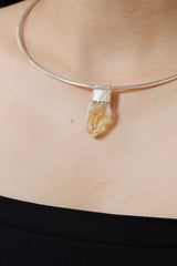 Natural Phantom Citrine Quartz Stack Pendant shown worn on the chest as a warm sterling silver layering necklace.