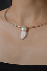 Unpolished Light Pink Kunzite Stack Pendant shown worn on the chest with textured sterling silver cap.