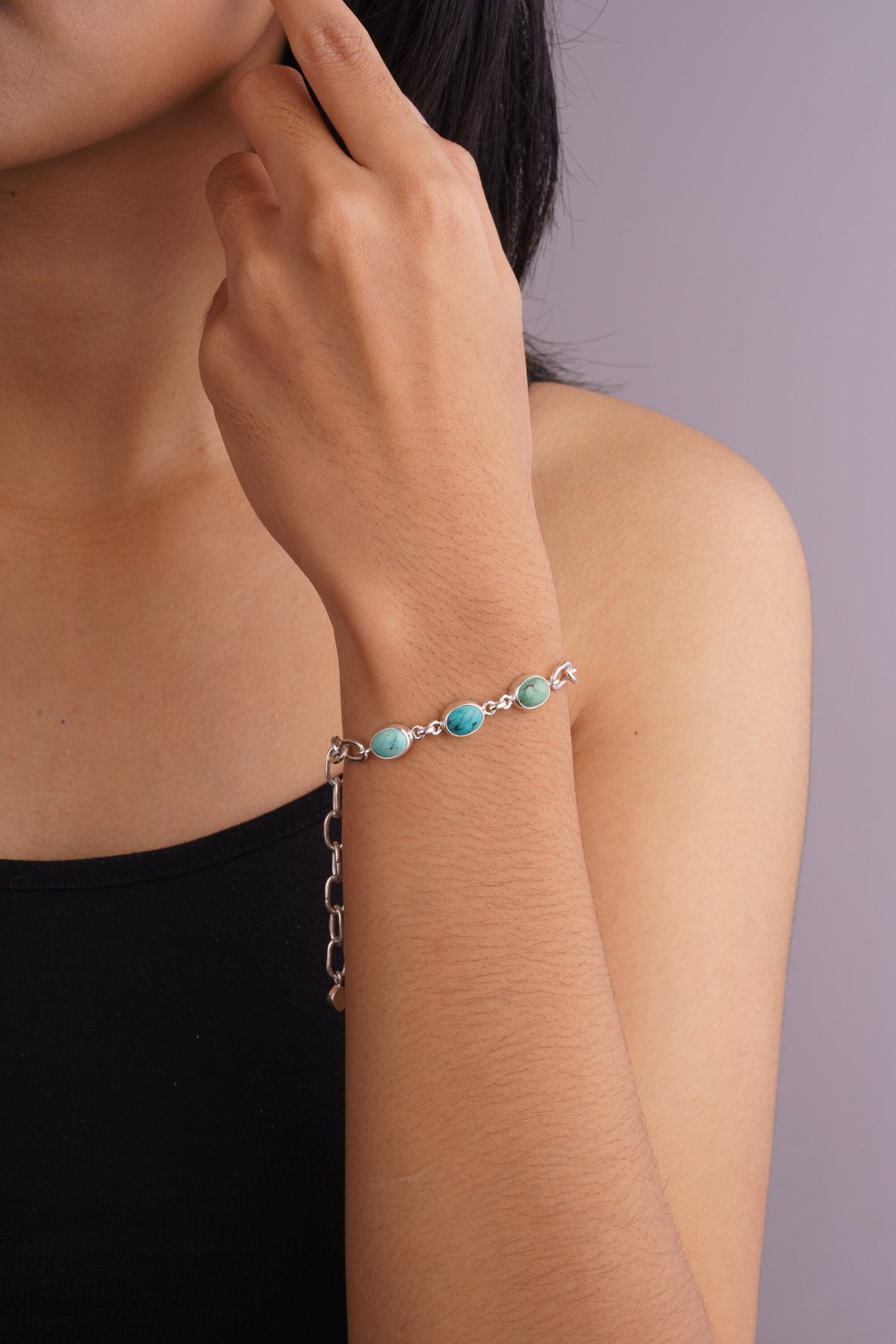 Turquoise Cascade Elegance Bracelet: Three Turquoise & Herkimer Diamond - Sterling Silver - Shiny and Polish Finish