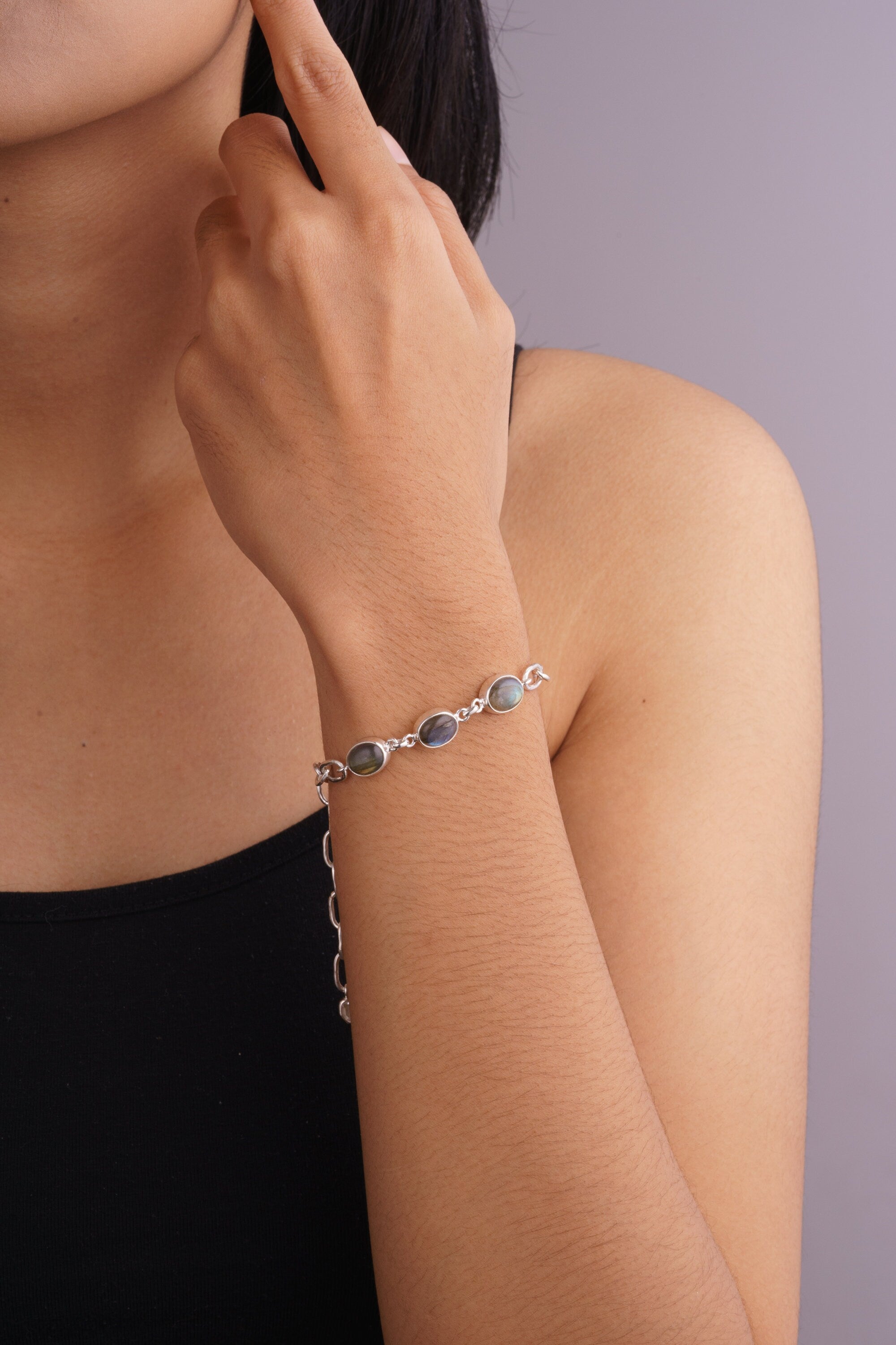 Luminous Labradorite Link Bracelet: Three Labradorite & Herkimer Diamond - Sterling Silver - Shiny and Polish Finish