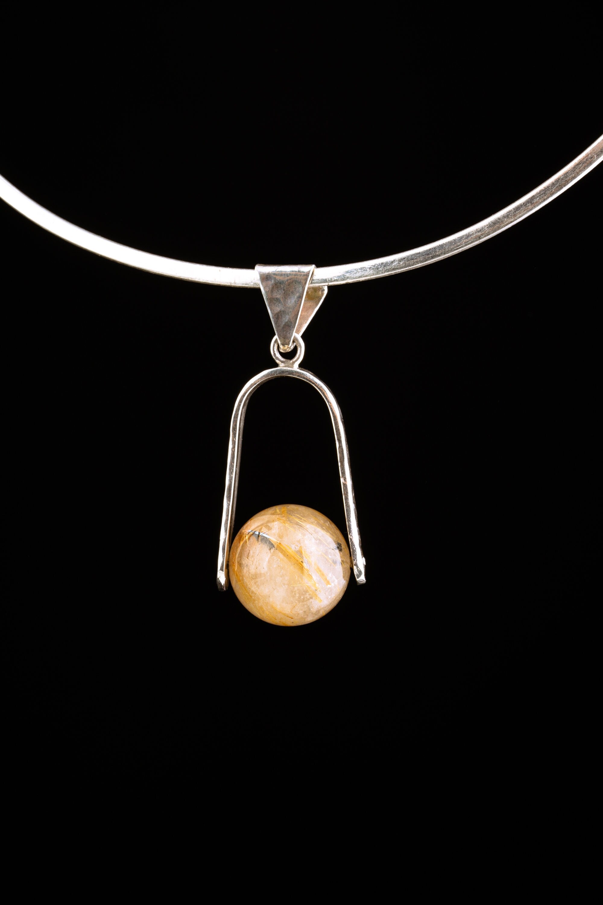 Golden Rutilated Orb / Ball Quartz Sphere - Spinning Silver Pendant - Organic Textured Shiny Finish