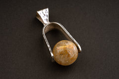 Golden Rutilated Orb / Ball Quartz Sphere - Spinning Silver Pendant - Organic Textured Shiny Finish