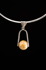 Golden Rutilated Orb / Ball Quartz Sphere - Spinning Silver Pendant - Organic Textured Shiny Finish