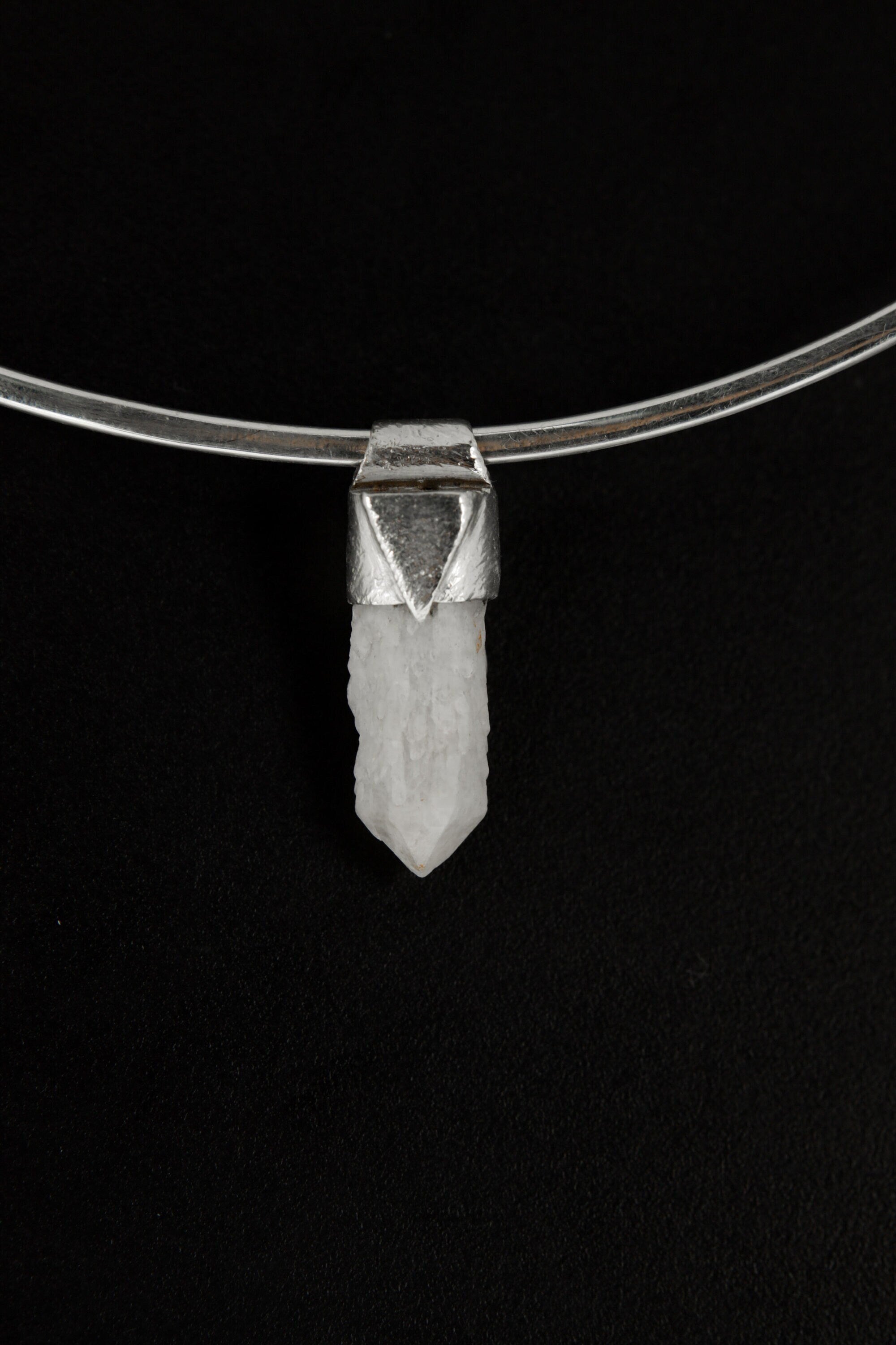 Australian Drusy Cathedral Candle Quartz Stack Pendant shown on black background with sterling silver cap and creamy crystal point.