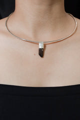 Australian Smoky Phantom Window Quartz Stack Pendant shown worn on the chest as a sterling silver layering necklace.
