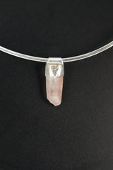 Australian Phantom Lithium Quartz Stack Pendant shown on black background with sterling silver cap and soft pink crystal point.