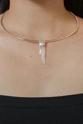 Pink Kunzite Stack Pendant shown worn on the chest with sterling silver cap and soft lilac crystal point.