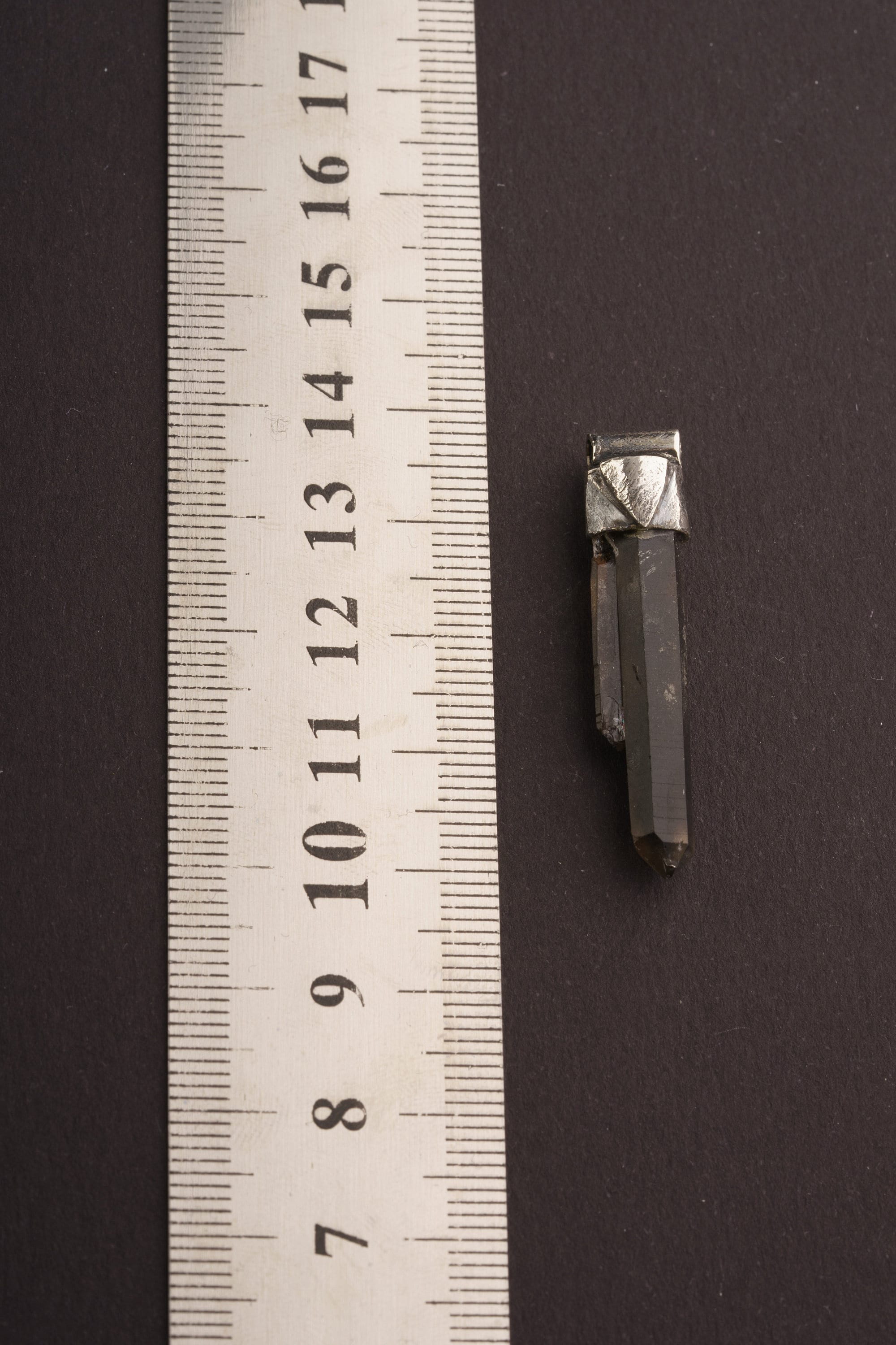 Australian Twin Smoky Citrine Phantom Stack Pendant shown beside a ruler for scale with textured 925 silver cap.