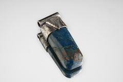 Azurite Stack Pendant shown on light background with textured sterling silver cap and natural blue mineral body.