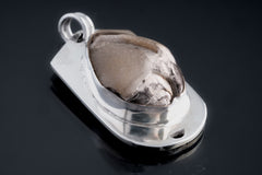 Fossilized Drusy Shell pendant shown on dark background with polished sterling silver and dual round bails.