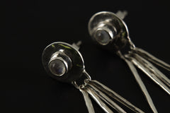 Close view of Blue Moonstone drop earrings showing hammered sterling silver texture, circular settings, and moving stick dangles.