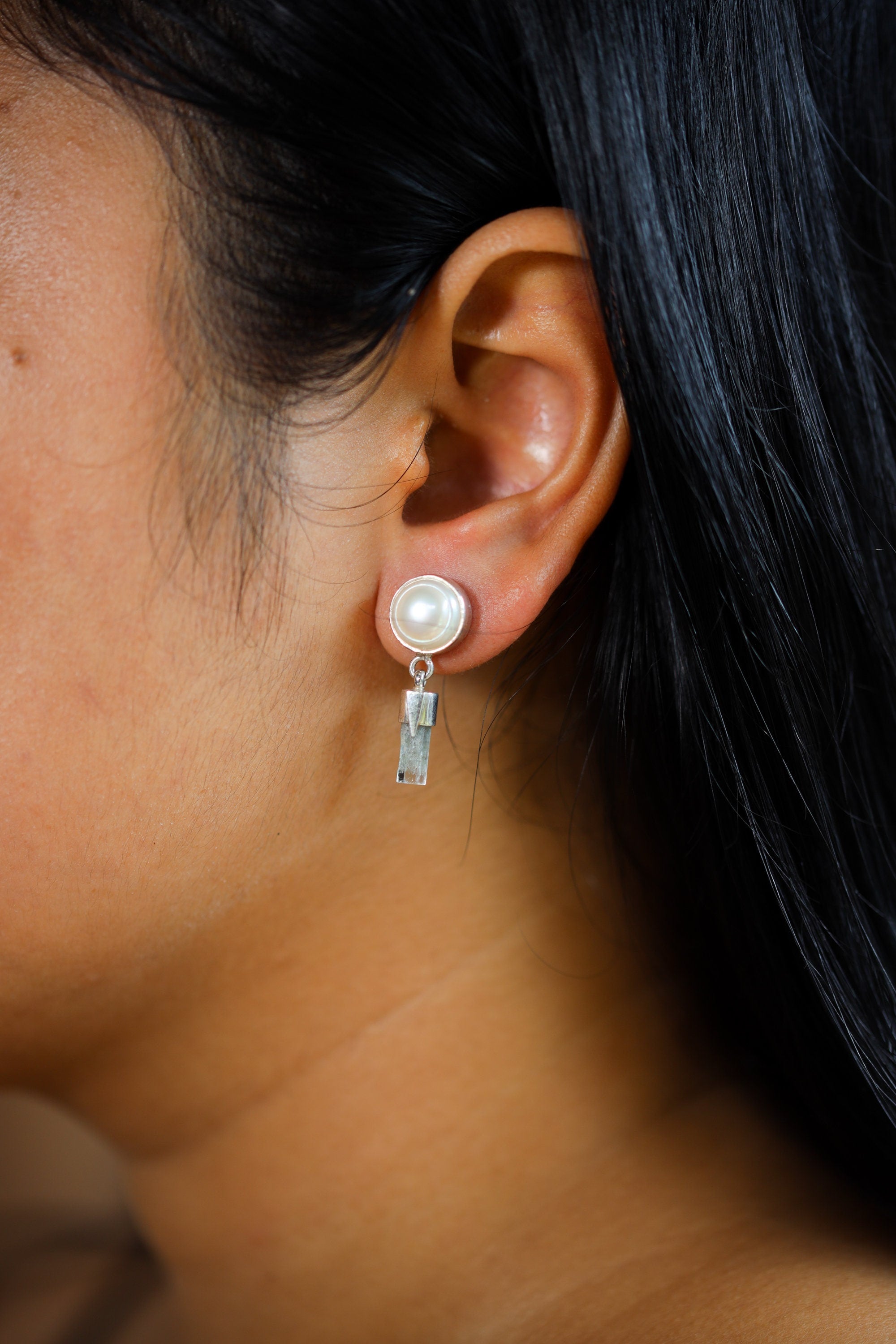 South Sea Pearl & Raw Aquamarine Sterling Silver Dangle Earrings