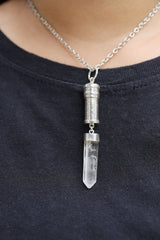 Sterling Silver Capsule Locket Necklace: Australian Quartz Point, Sand Texture