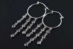Sterling Silver Hoop Earrings: Cascading Moonstone Chain Dangle
