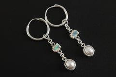 Sterling Silver Hoop Earrings: Ethiopian Opal & Pearl Dangle Earrings