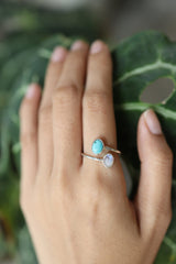 Petite Oval Turquoise & Blue Moonstone Ring - High Polish Sterling Silver - Adjustable Wire Band Open Ring - Size 4-9 US - Crystal Jewellery