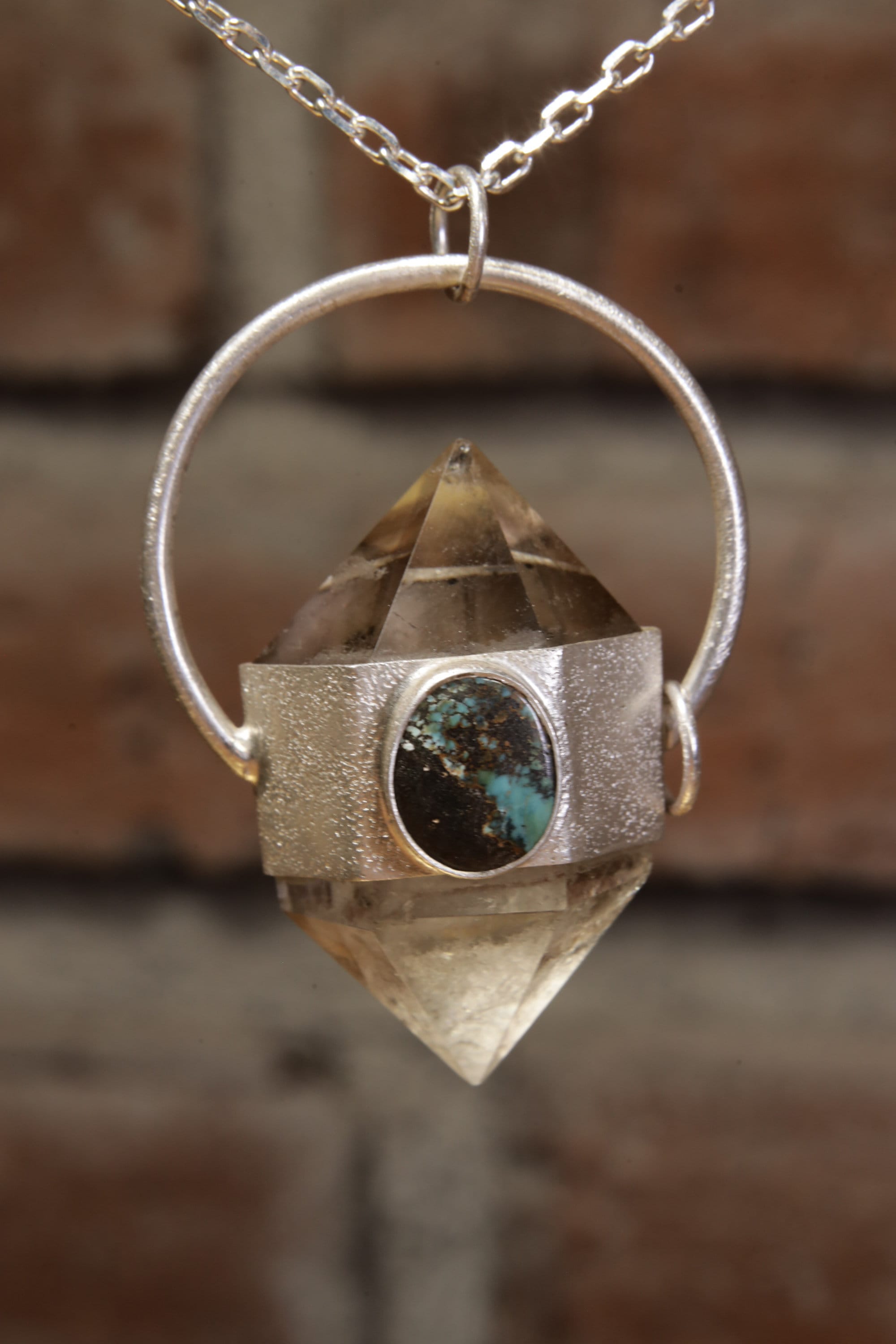 Celestial Glow: Sterling Silver Sand-Textured Crystal Pendant with Cut Double Terminated Citrine Generator Quartz and Turquoise