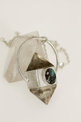 Celestial Glow: Sterling Silver Sand-Textured Crystal Pendant with Cut Double Terminated Citrine Generator Quartz and Turquoise