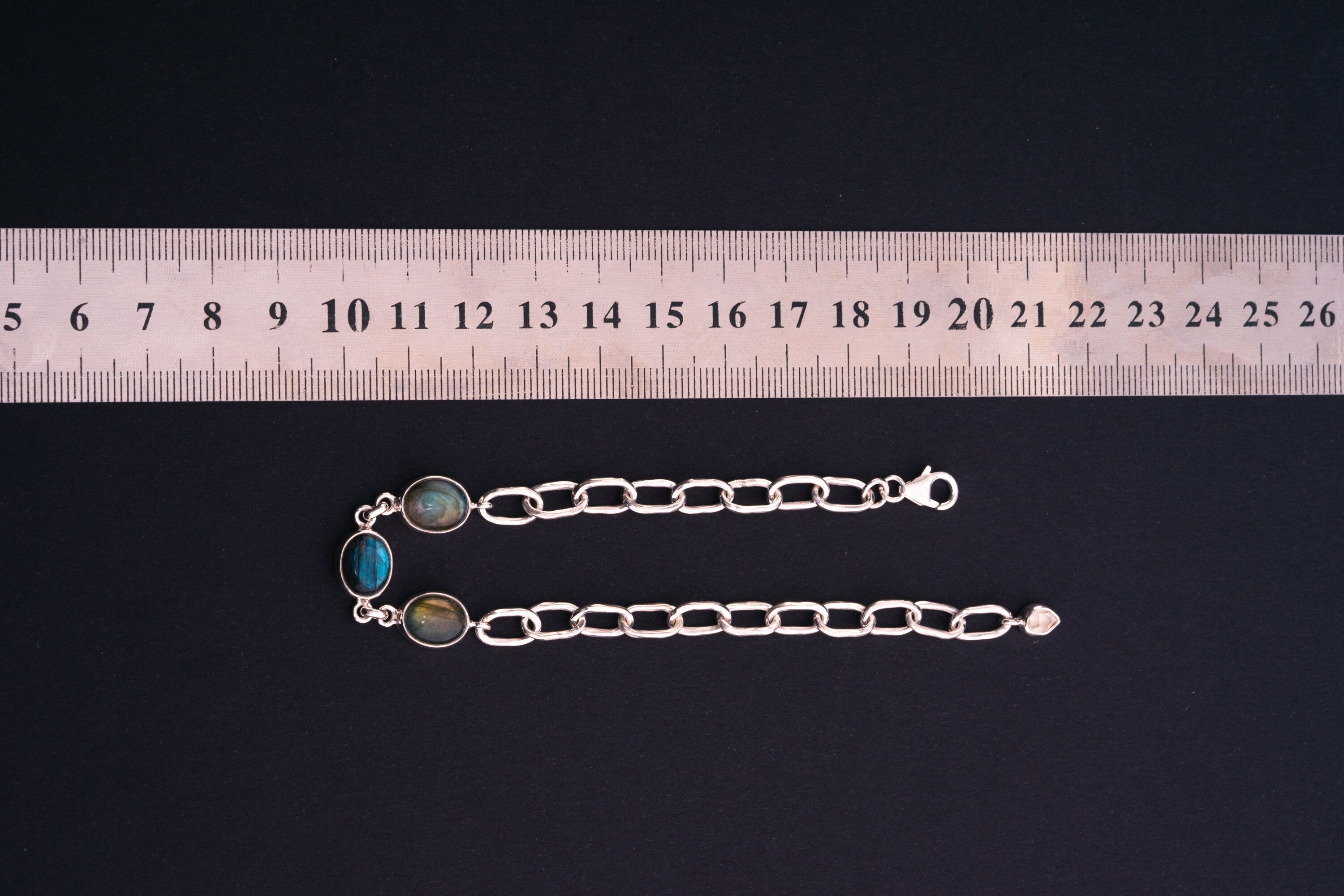 Luminous Labradorite Link Bracelet: Three Labradorite & Herkimer Diamond - Sterling Silver - Shiny and Polish Finish