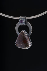 Hammered Sterling Silver Amethyst Pendant: Black Rutile Quartz Claw Setting
