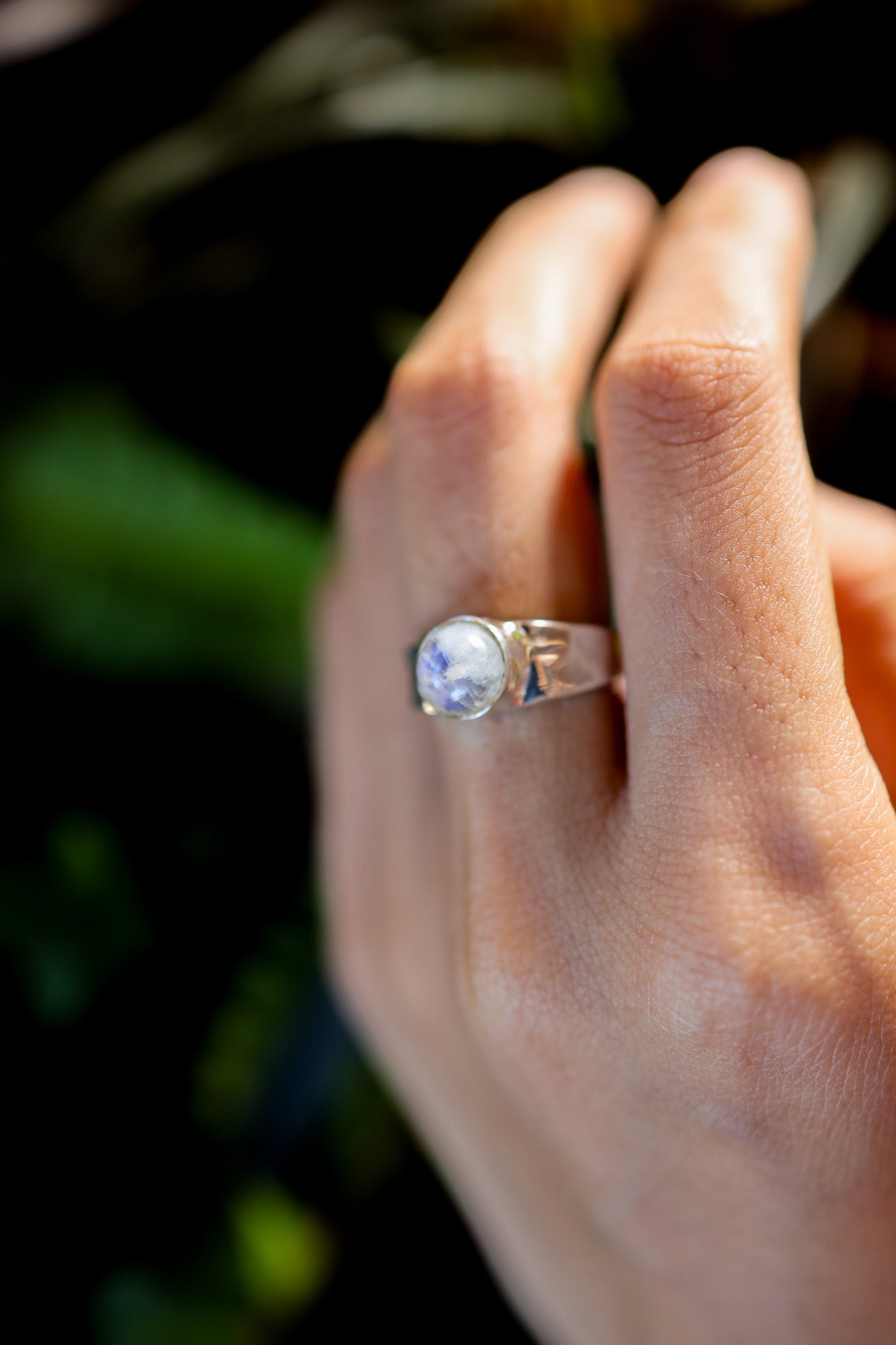 Blue Moonstone Ring: Hammered Sterling Silver Band, Unisex