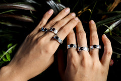 Garnet Cabochon Ring: Hammered 925 Sterling Silver Band