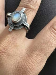 Oxidized Sterling Silver Blue Moonstone Ring: Rustic Compass Design