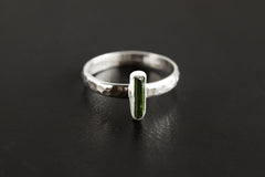Green Tourmaline Ring: Hammered Sterling Silver Band, Size 8
