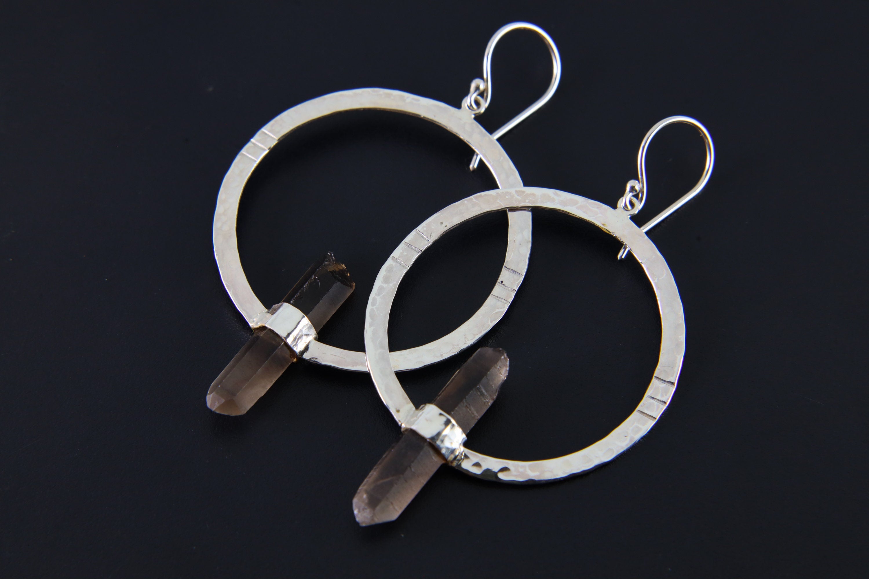 Smoky Quartz Point Earrings: Oxidized Sterling Silver Portal Hoops