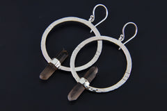 Smoky Quartz Point Earrings: Oxidized Sterling Silver Portal Hoops