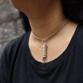 Vera Cruz Amethyst capsule pendant worn on sterling silver chain.