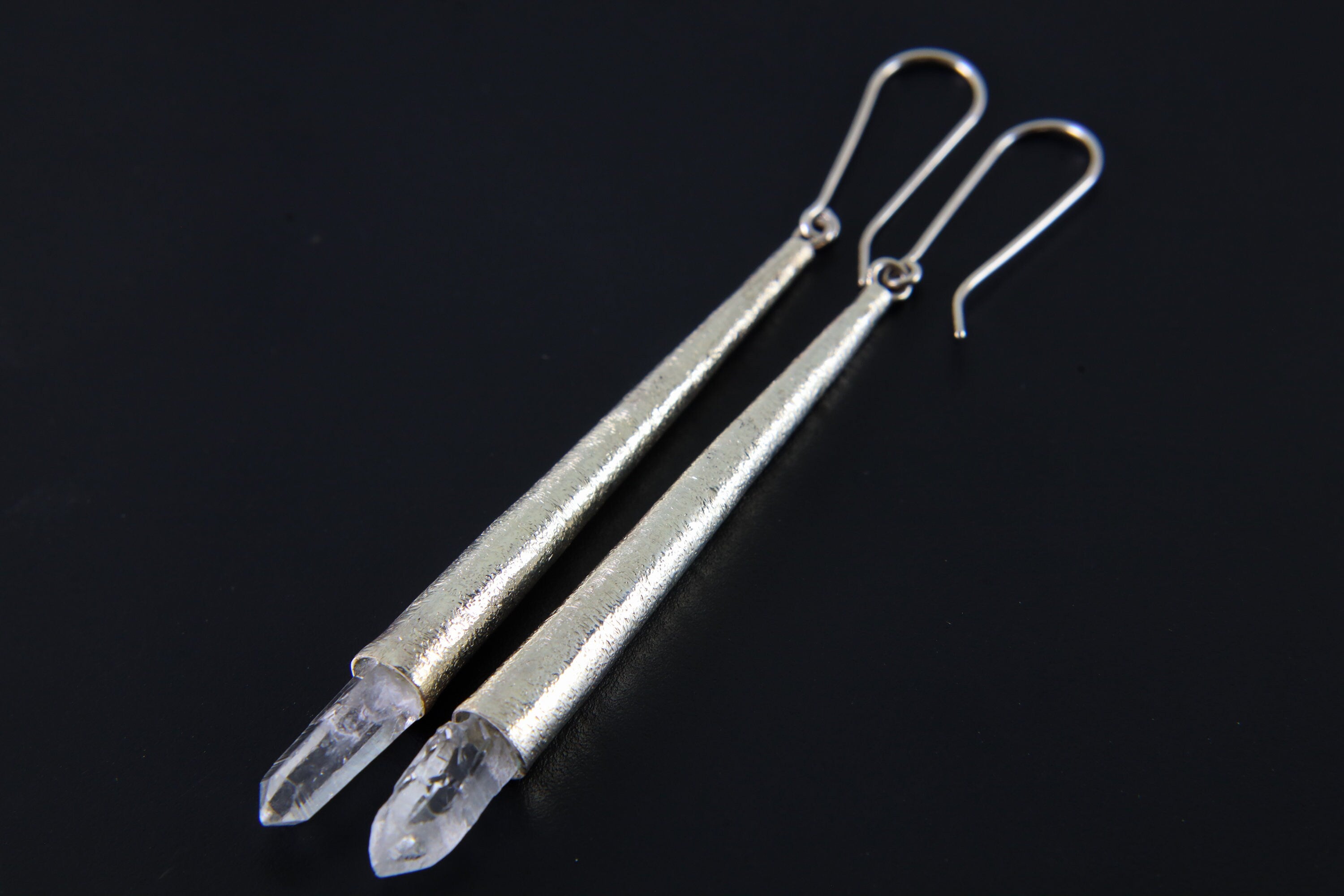 Sterling Silver Diamond Quartz Earrings: Textured Spire Cones