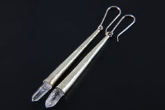 Sterling Silver Diamond Quartz Earrings: Textured Spire Cones