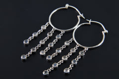 Sterling Silver Hoop Earrings: Cascading Moonstone Chain Dangle