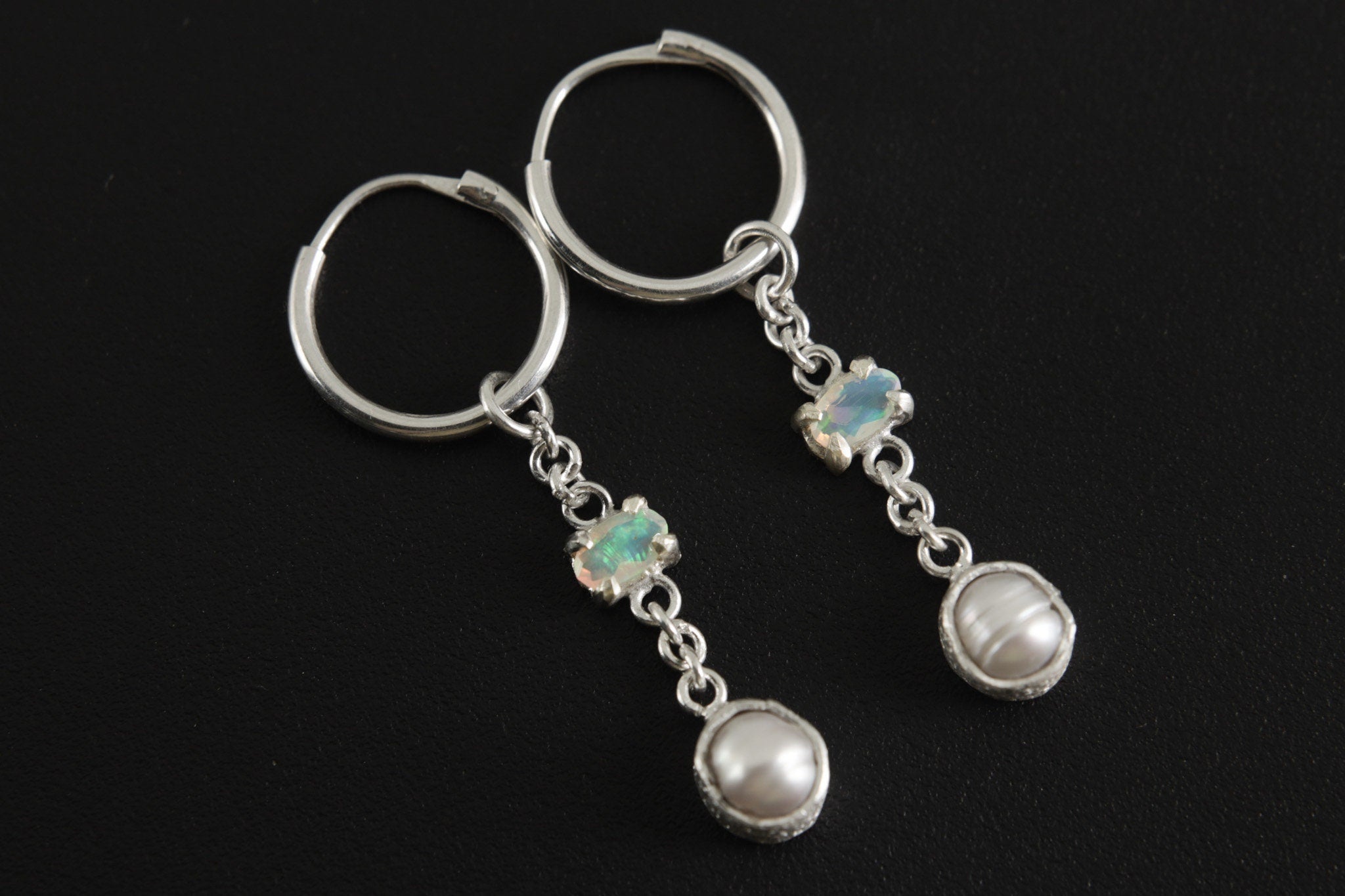 Sterling Silver Hoop Earrings: Ethiopian Opal & Pearl Dangle Earrings