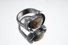 Oval Labradorite Ring 925 Sterling Silver Oxidized Adjustable Band Double Cabochon Rustic Textured Third Eye Chakra Gift