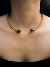 Gold-plated brass choker with two Brown Tourmaline Dravite crystals, shown worn as an open neck cuff.