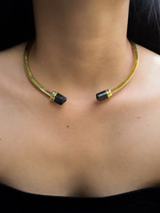 Gold-plated brass choker with two Brown Tourmaline Dravite crystals, shown worn as an open neck cuff.