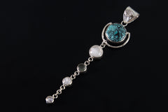 Round Turquoise Moonstone Necklace 925 Silver Textured Pendant Celestial Dangle Spiritual Jewelry