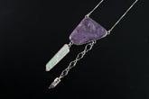 Charoite Angel Aura Quartz Amethyst pendant shown on a dark background with high-shine sterling silver and linked crystal drops.