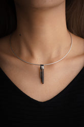 Australian Twin Smoky Citrine Phantom Stack Pendant shown worn on the chest with sterling silver cap and smoky crystal point.