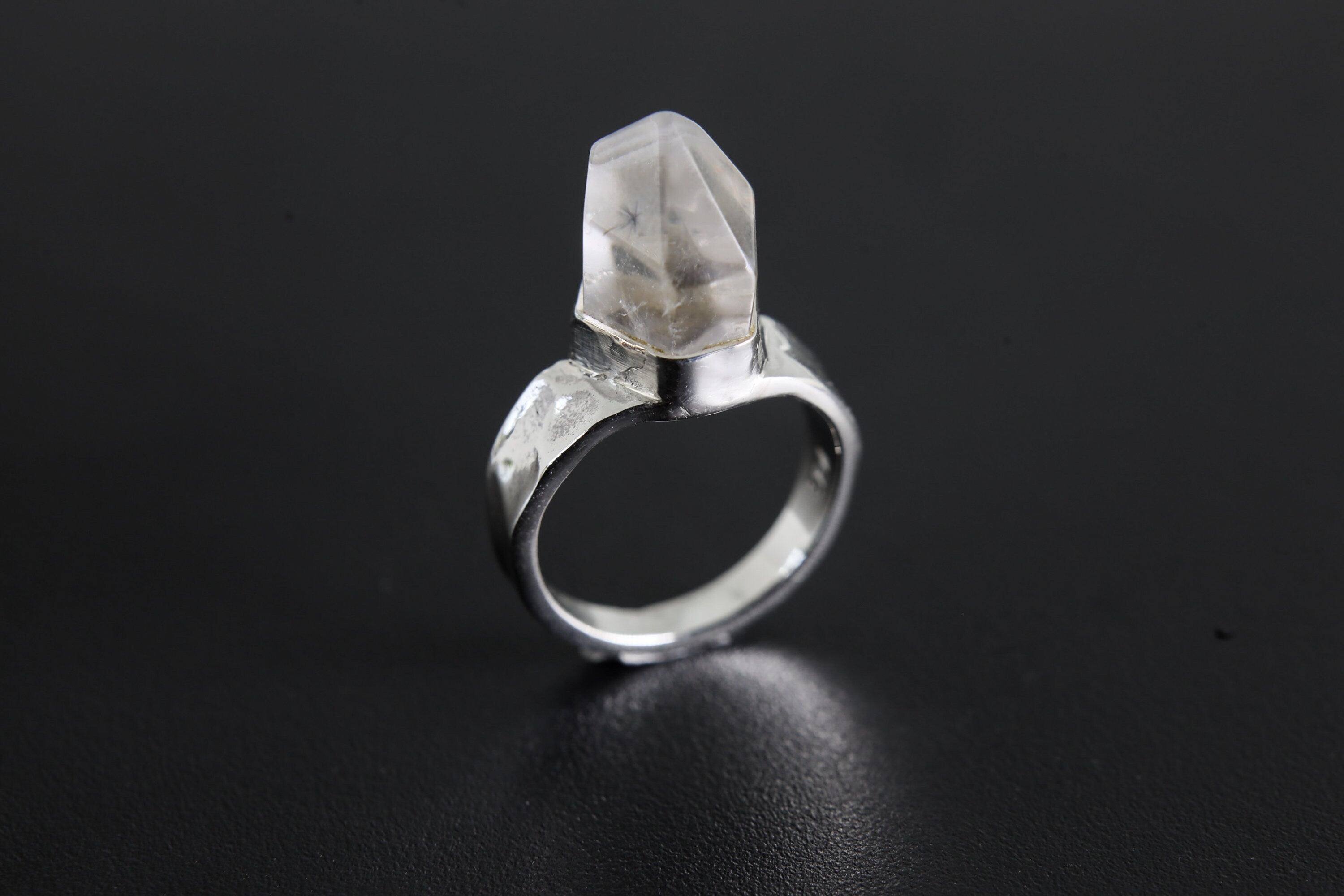 Cacoxenite Quartz Point Ring: Hammered Sterling Silver, Size 6