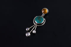 Turquoise Pendant with Three Dangling Moonstones and Radiant Carnelian, Textured Polished Sterling Silver