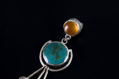 Turquoise Pendant with Three Dangling Moonstones and Radiant Carnelian, Textured Polished Sterling Silver