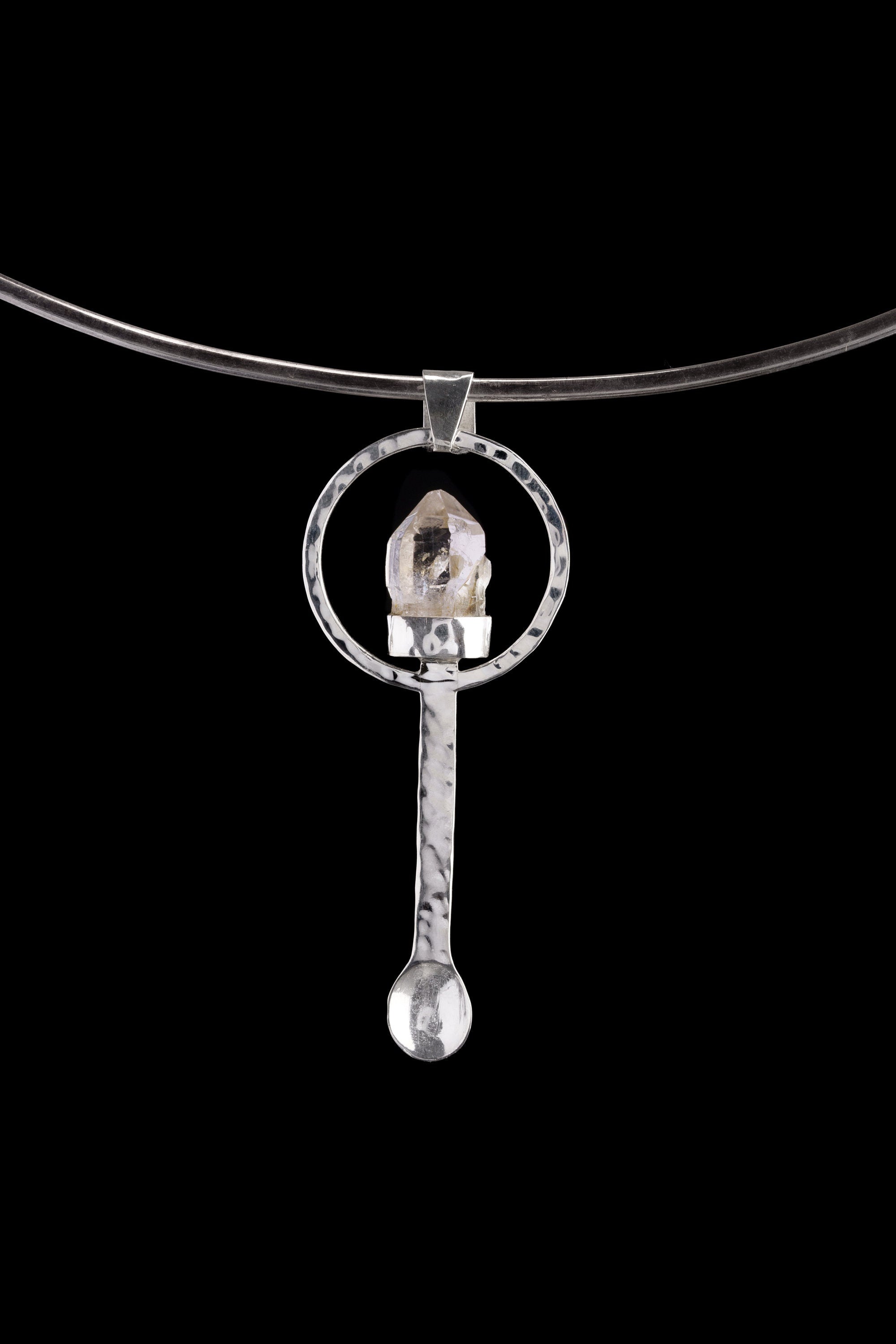 Vera Cruz Amethyst oxidized sterling silver spoon pendant shown on a choker with pale purple crystal setting.