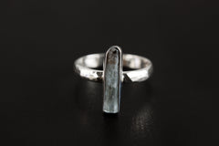 Aquamarine Sterling Silver Ring: Long Square Gem, Hammered Band, Size 7